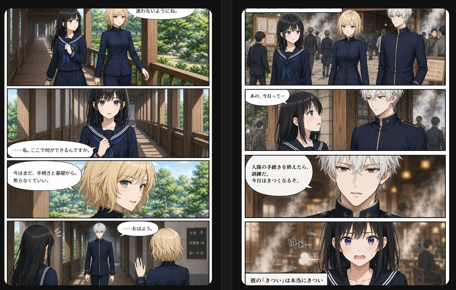 参照画像を活用してキャラクターの一貫性を保った漫画ページ例